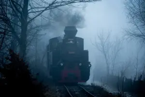 Historischer Mocănița-Dampfzug im nebligen Wald des Vaser-Tals