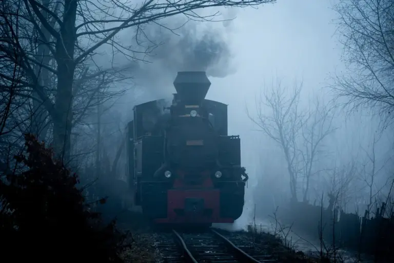 Historischer Mocănița-Dampfzug im nebligen Wald des Vaser-Tals
