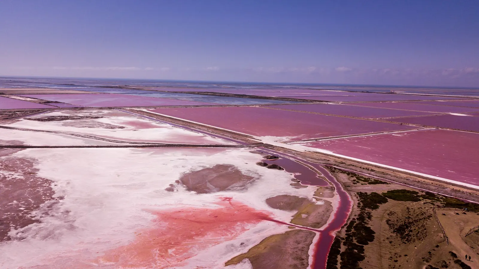 Rosafarbene Salzfelder bei Salin-de-Giraud in der Camargue aus der Luft